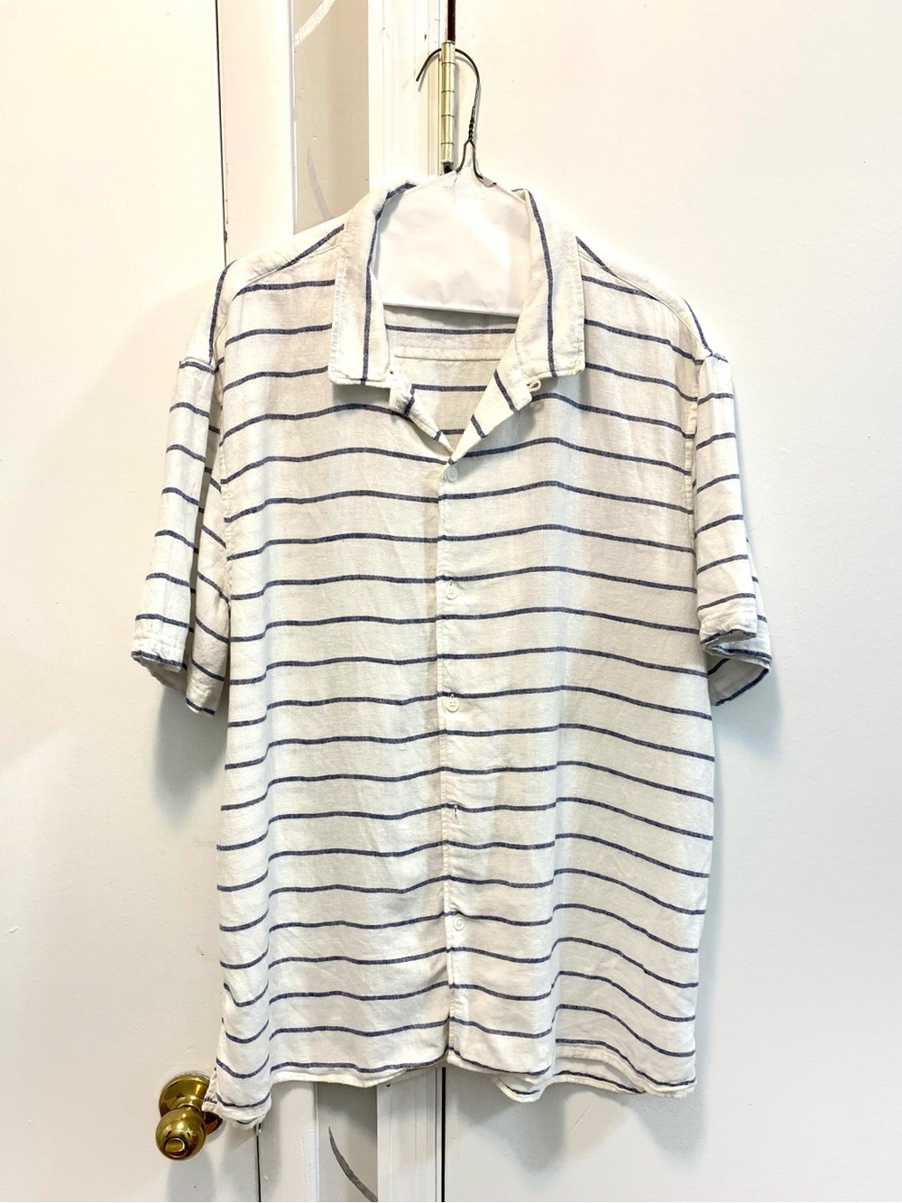 Lucky Brand linen blend camp shirt men’s XL white/blue stripe button front 161